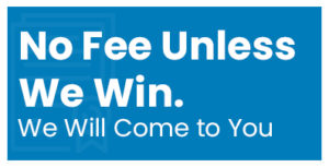 sign that reads "No Fee unless we win", blue background