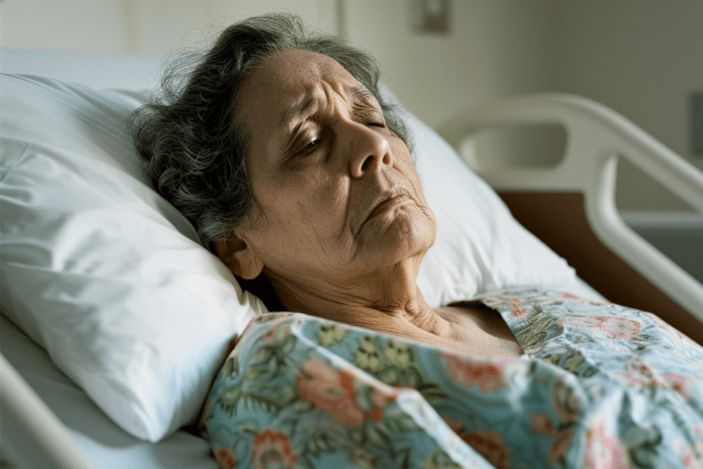 an elderly woman in a floral hospital gown in a hospital bed frowning